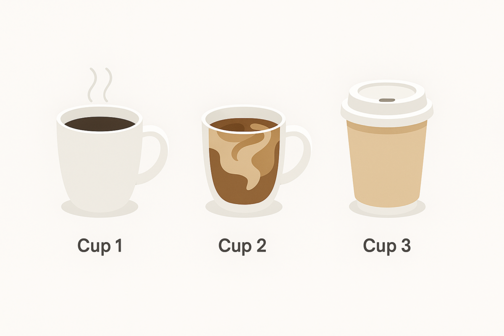 Three coffee cups: black, with milk, with lid - illustrating assumption changes. 