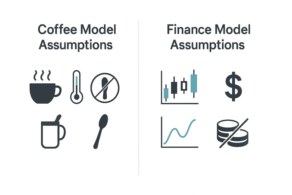 Infographic comparing coffee model assumptions with finance model assumptions. 