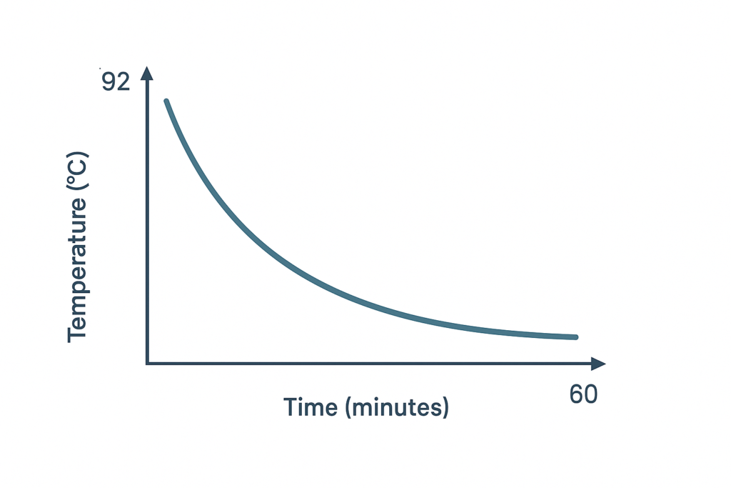 Exponential cooling curve from 92°C to 60°C around 11 minutes. 