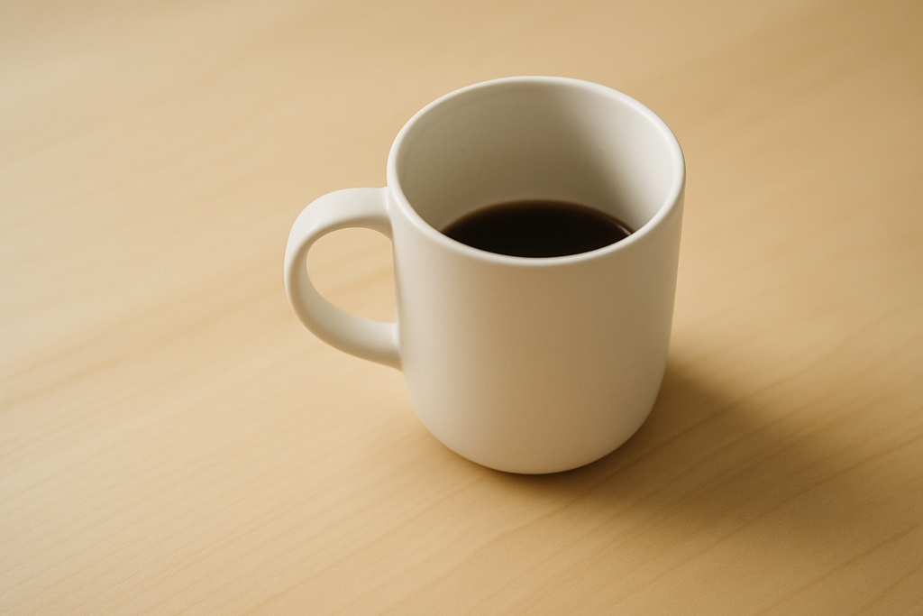 Half-empty coffee mug on a wooden desk, minimalist. 